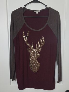 Moa Moa Burgundy and Brown Sequin Deer Raglan Top